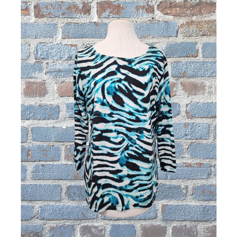 JM Collection Abstract Zebra Print Blouse Medium – Blue Black White
